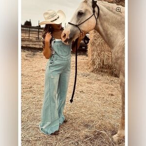 100% Cotton Light Blue Wide-Leg Denim Overalls